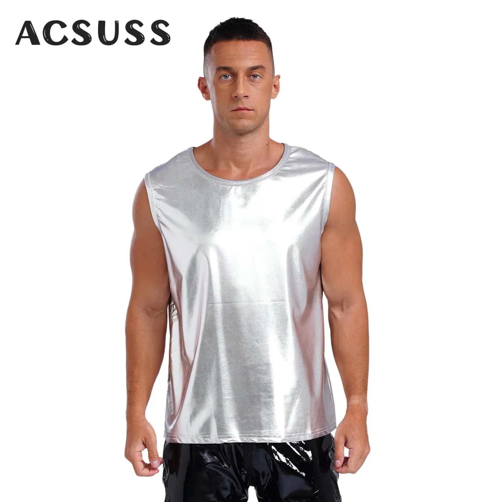 Homens brilhantes metálico tanque superior 70s discoteca dança festa clubwear sem mangas colete camisa boate singlet topo fantasia vestido traje