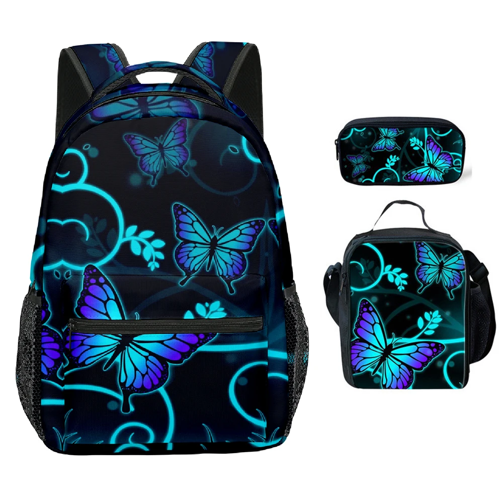 Trendy Youthful Beautiful butterfly 3D Print 3pcs/Set School Bags Laptop Daypack Backpack Crossbody Lunch bag Pencil Case