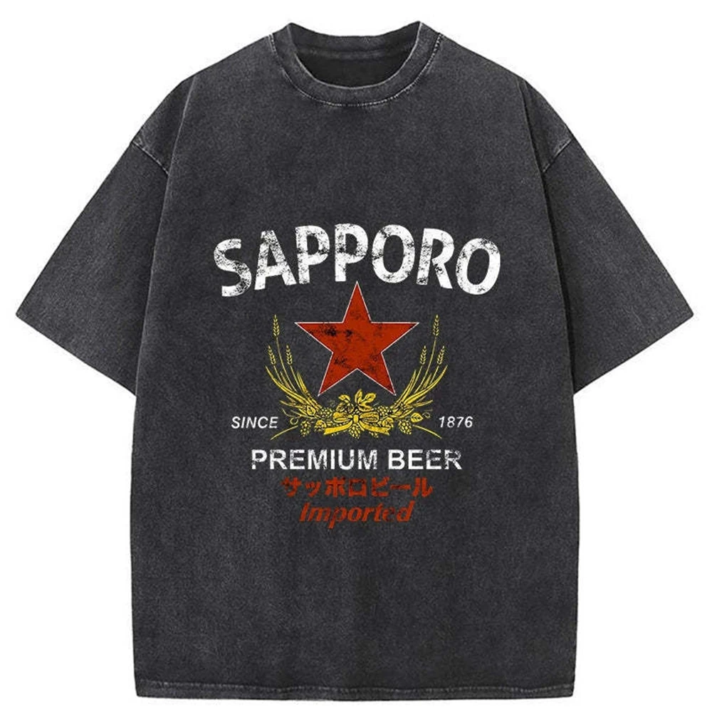 SOVOB Sapporo Beer Essential Washed Mens TShirt  New in Top & Tees Tee short sleeve Round Neck Printing Pullover T-Shirt 25327