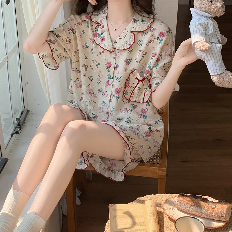 Summer Short Sleeved Shorts Korean Version Two-piece Set of Rabbit Pattern Pajamas for Women's Cute and Sweet Home Wear Pyjamas