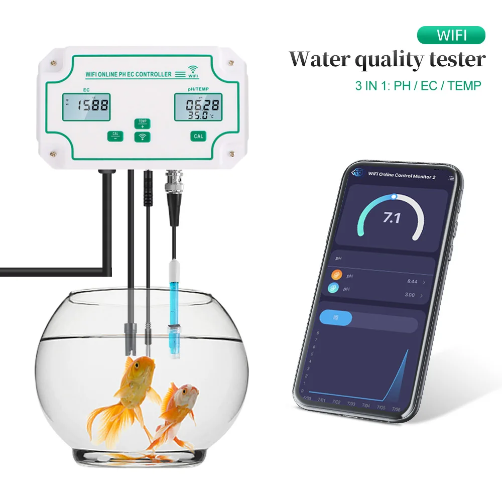 Wifi Monitoring Digital PH&EC Controller Water salt Analyzer for Hydroponics,Swimming Pool,Aquario Tuya APP Control US/EU Plug