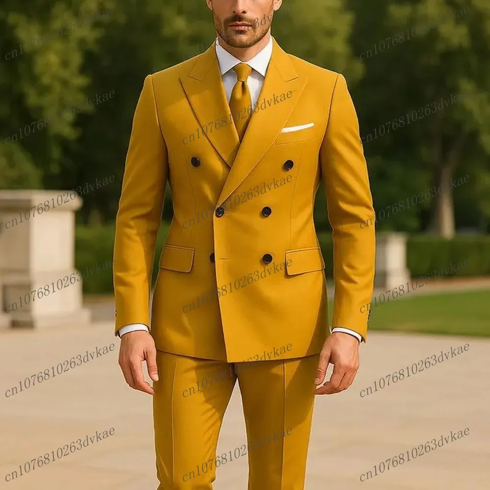 

New Yellow Men Suit Wedding Party Formal Occasion Groom Groomsman Prom Business Male Tuxedos 2 Piece Set Jacket Pants
