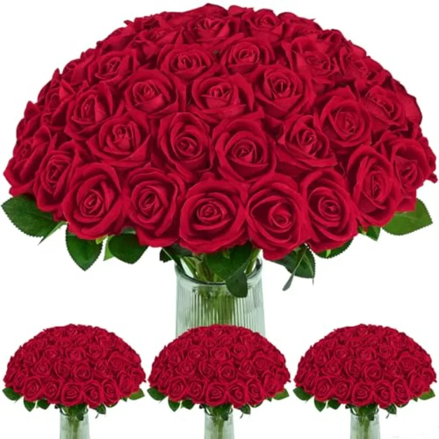 

100 шт. красных искусственных роз, цветы с эффектом натурального прикосновения, бархатные розы, букет искусственных цветов оптом с длинными стеблями для подарка на день рождения женщине