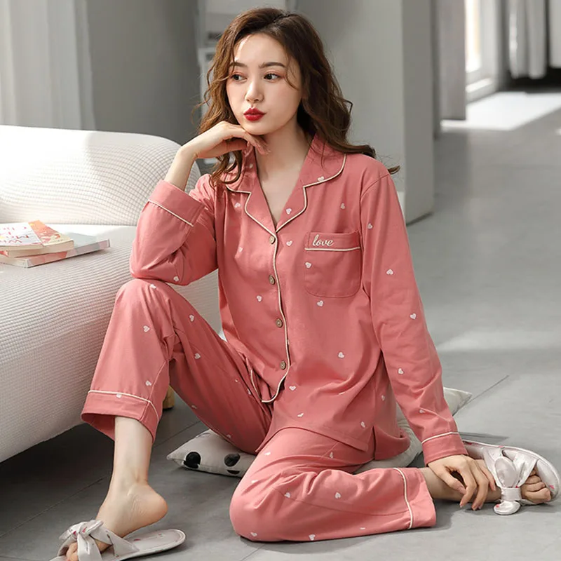 Cotton Pajamas Large Size Autumn Winter Long-Sleeved Home Wear Night Wear Woman Sexy Cardigan Love Pink Large Square Sleepwear