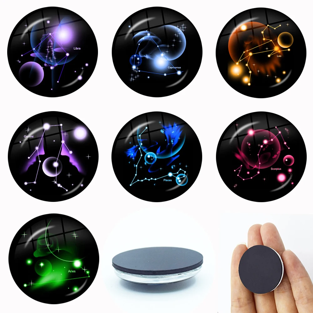 12 Zodiac Art Picture Fridge Magnet 30MM Glass Cabochon Magnetic Refrigerator Stickers Note Holder Home Decor Gift