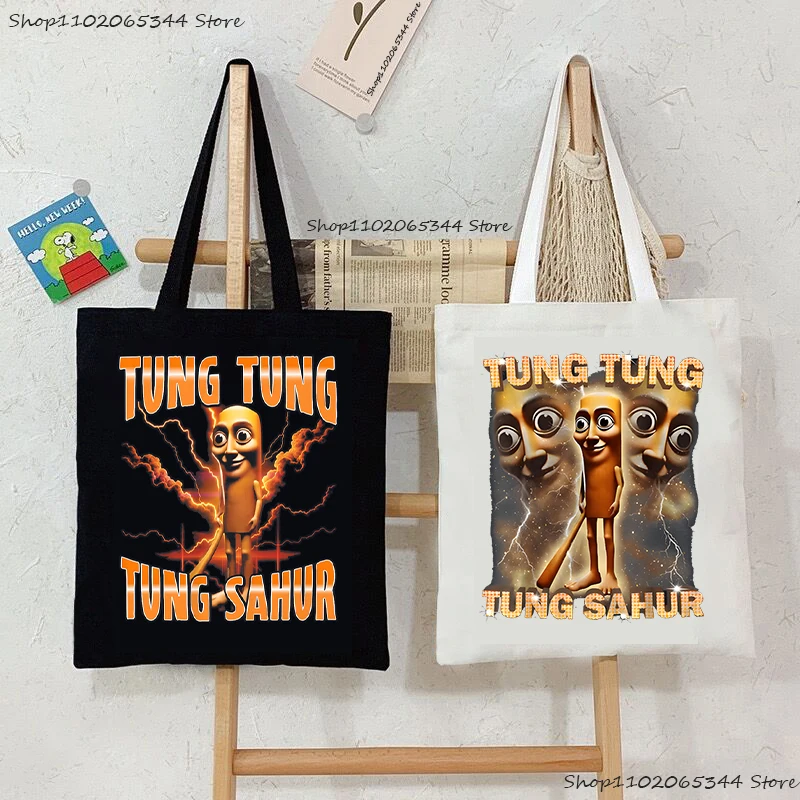 Tung Tung Tung Sahur Funny Character Tote Bag Vintage New Italian Brainrot Design Canvas Shoulder Bag for Gift Women Girls