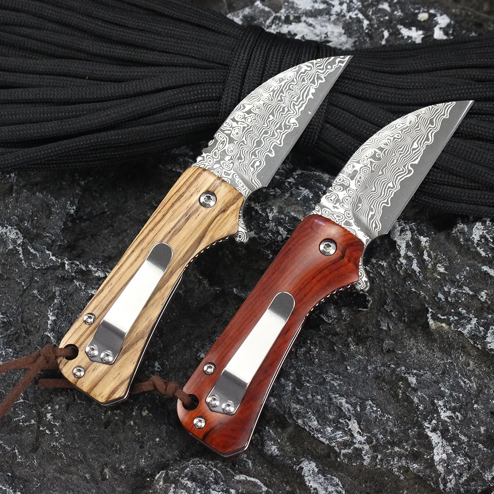 

Pocket Folding knife Damascus steel Blade wood Handle Knife Tool EDC Camping Hiking Knife Lightweight with pocket clip