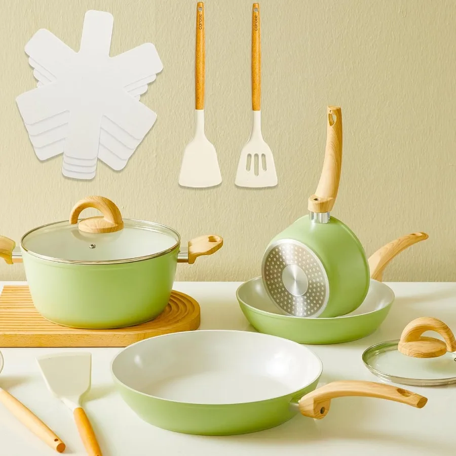 

Green Non Stick Pots and Pans Set for Healthy Cooking: 12pcs Ceramic Cookware Set with PFASFree Coating Includes Frying Sauce S