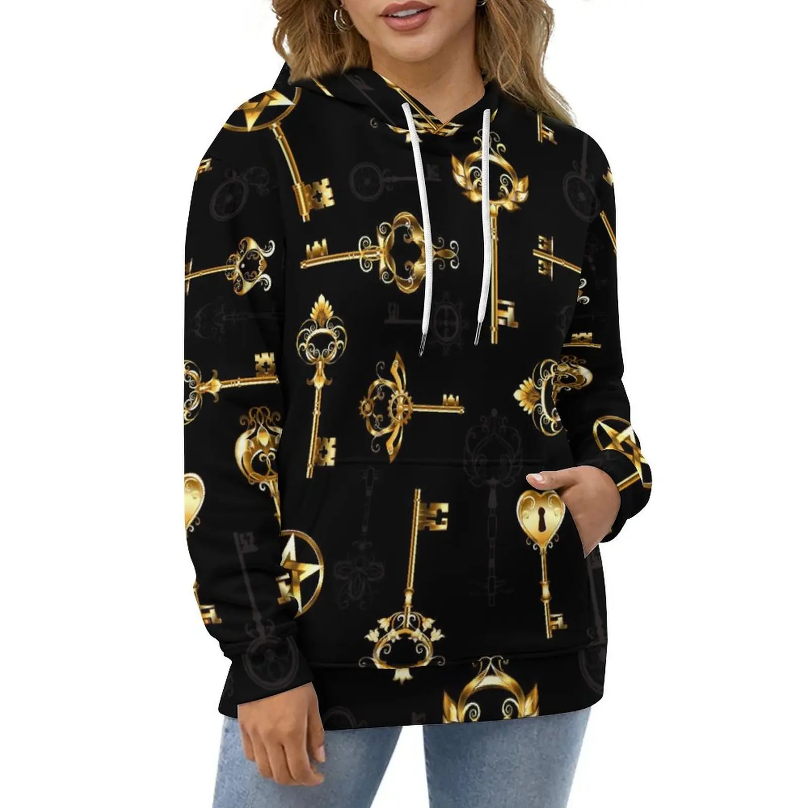 Steampunk Style Hoodies Golden Keys Hip Hop Casual Hoodie Long Sleeve Retro Graphic Sweatshirts Gift Idea