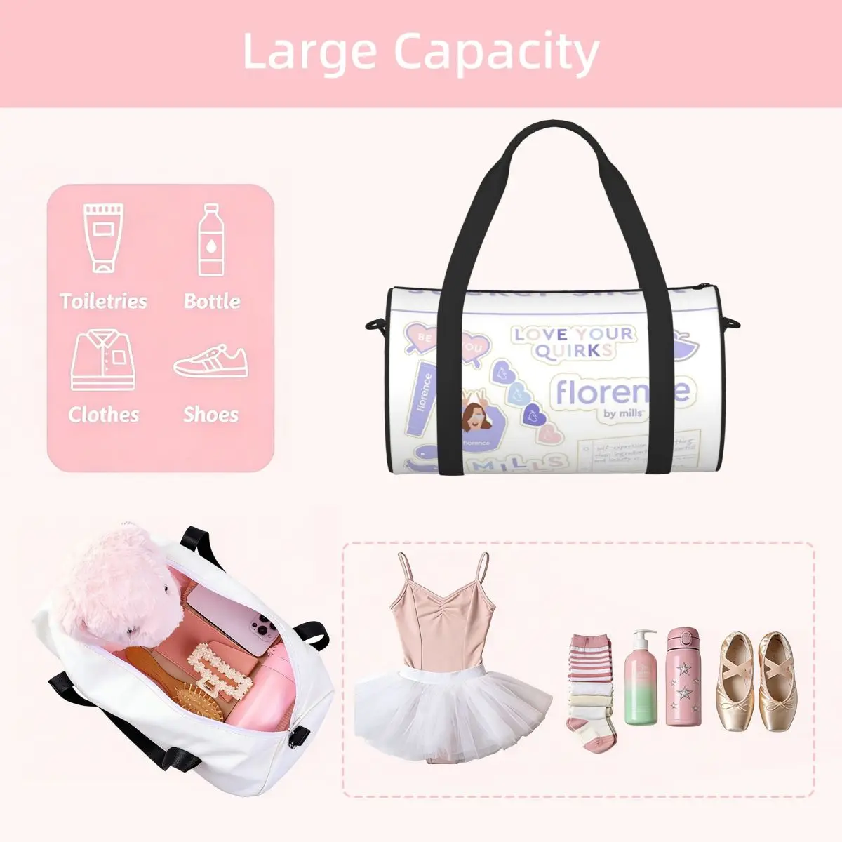 Florence By Mills Millie Bobby Brown Luggage Bag Large Capacity Duffle Tote Bag Handbags Gym Bags Fitness Bag for Boys Girls 4