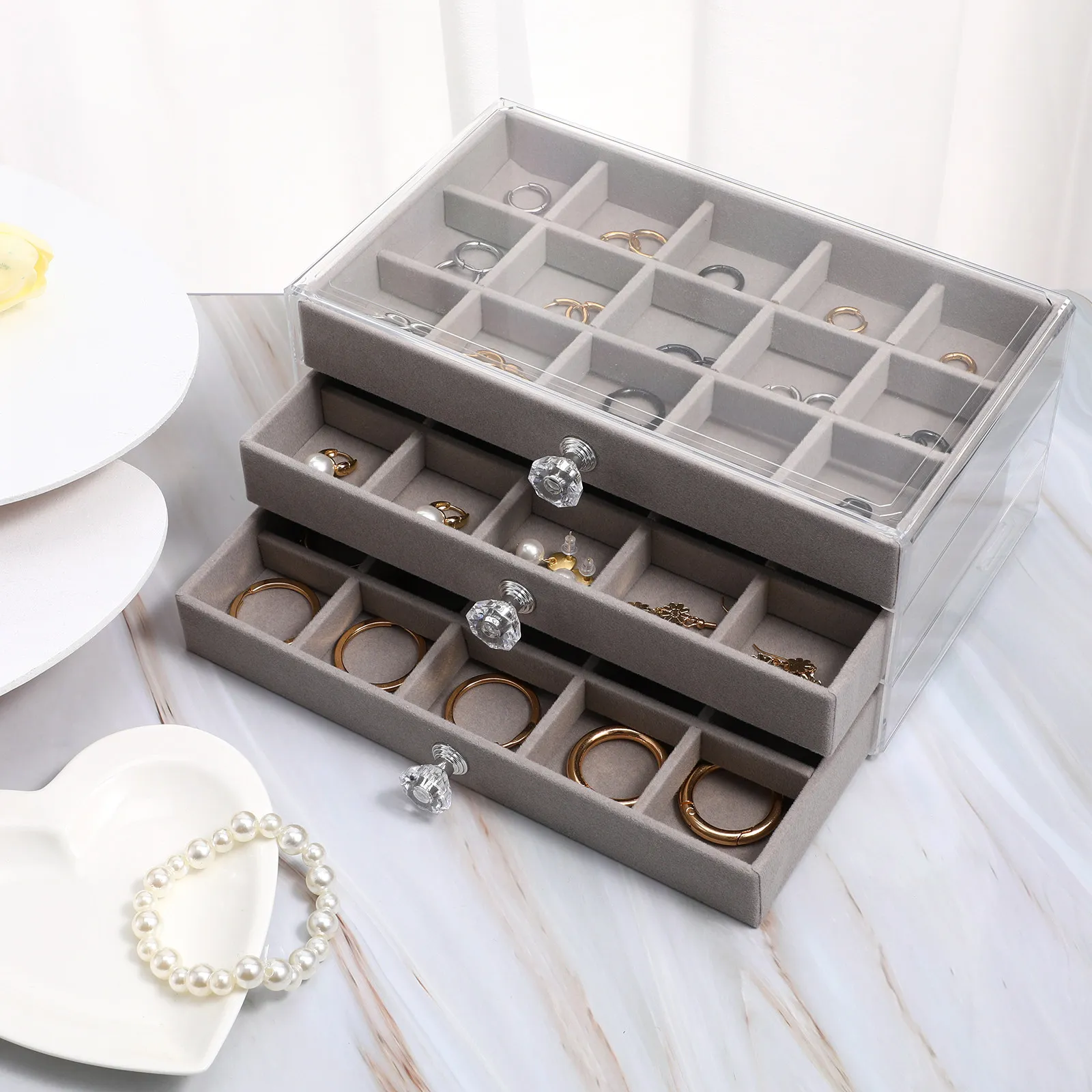 

Акриловая многослойная шкатулка для хранения украшений, органайзер для колец, ожерелий, серег, настольный держатель для домашнего декора