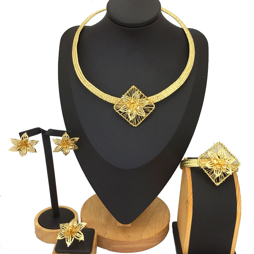 Hotsale Dubai Gold Plated Ladies Women Mama Simple Necklace Bracelet Earrings Ring Jewelry Set Holiday Gift FHK13125