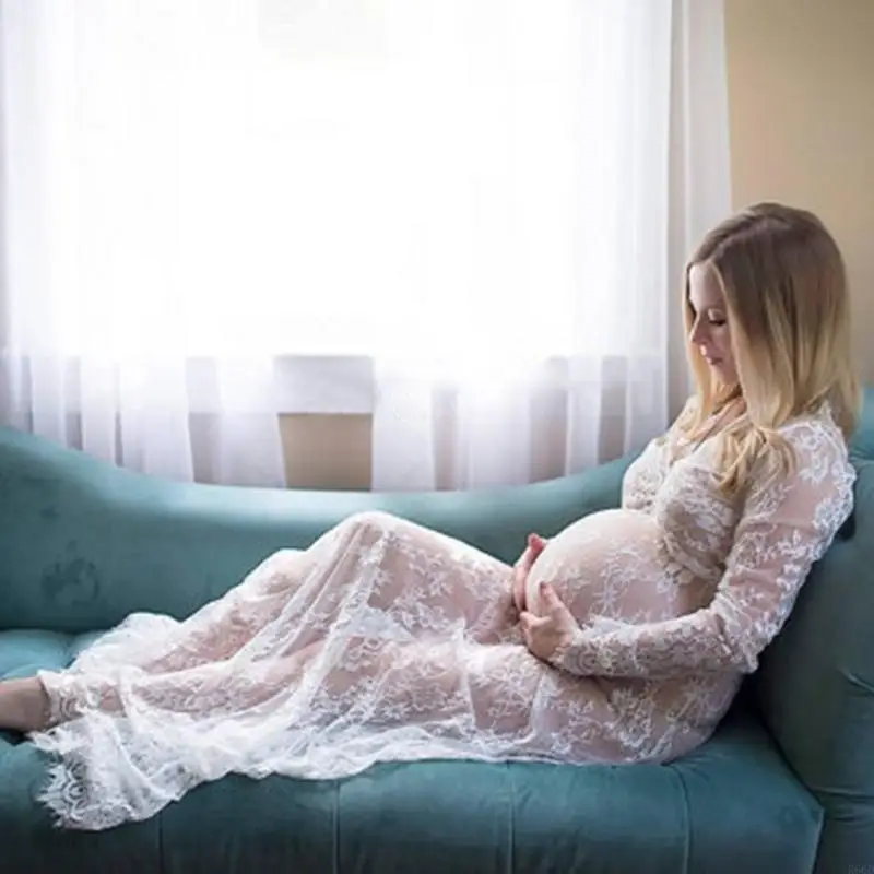 R66D Flattering Maternity Dress Long Sleeve V Neck Sheer Lace Featuring Bodycon and Trailing Train for Important Moment