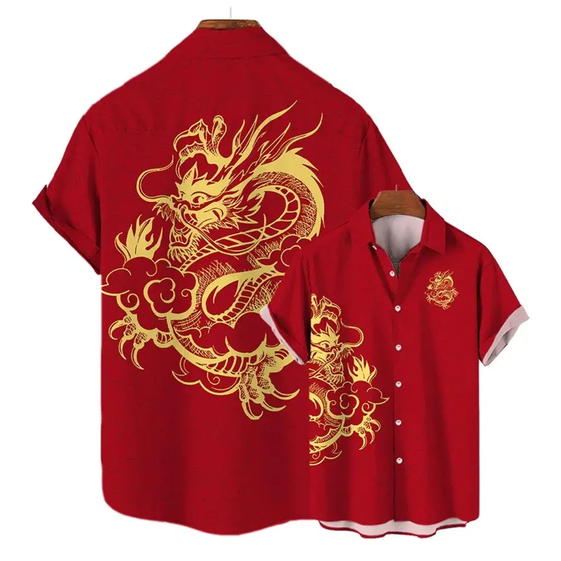 

Dragon Year 2024 Short Sleeve Shirts For Men Clothes Ethnic Chinese New Year Lapel Blouse Gold China Loong Blouses Kids Gifts