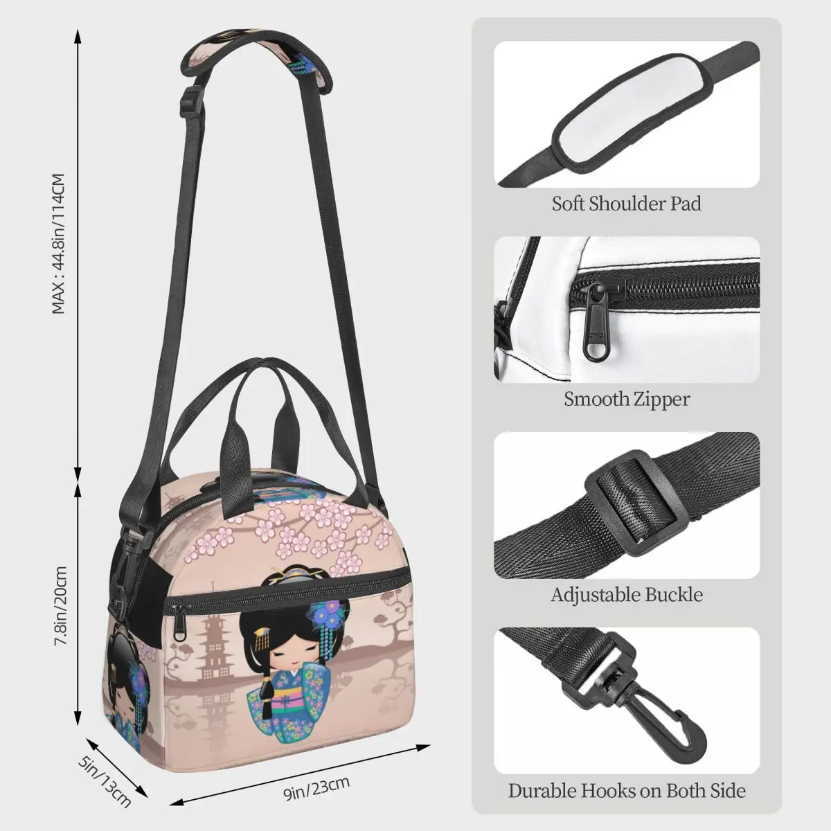 Large Insulated Lunch Box With Adjustable Shoulder Strap Japanese Keiko Kokeshi Doll Girls Accessories Storage Food Box