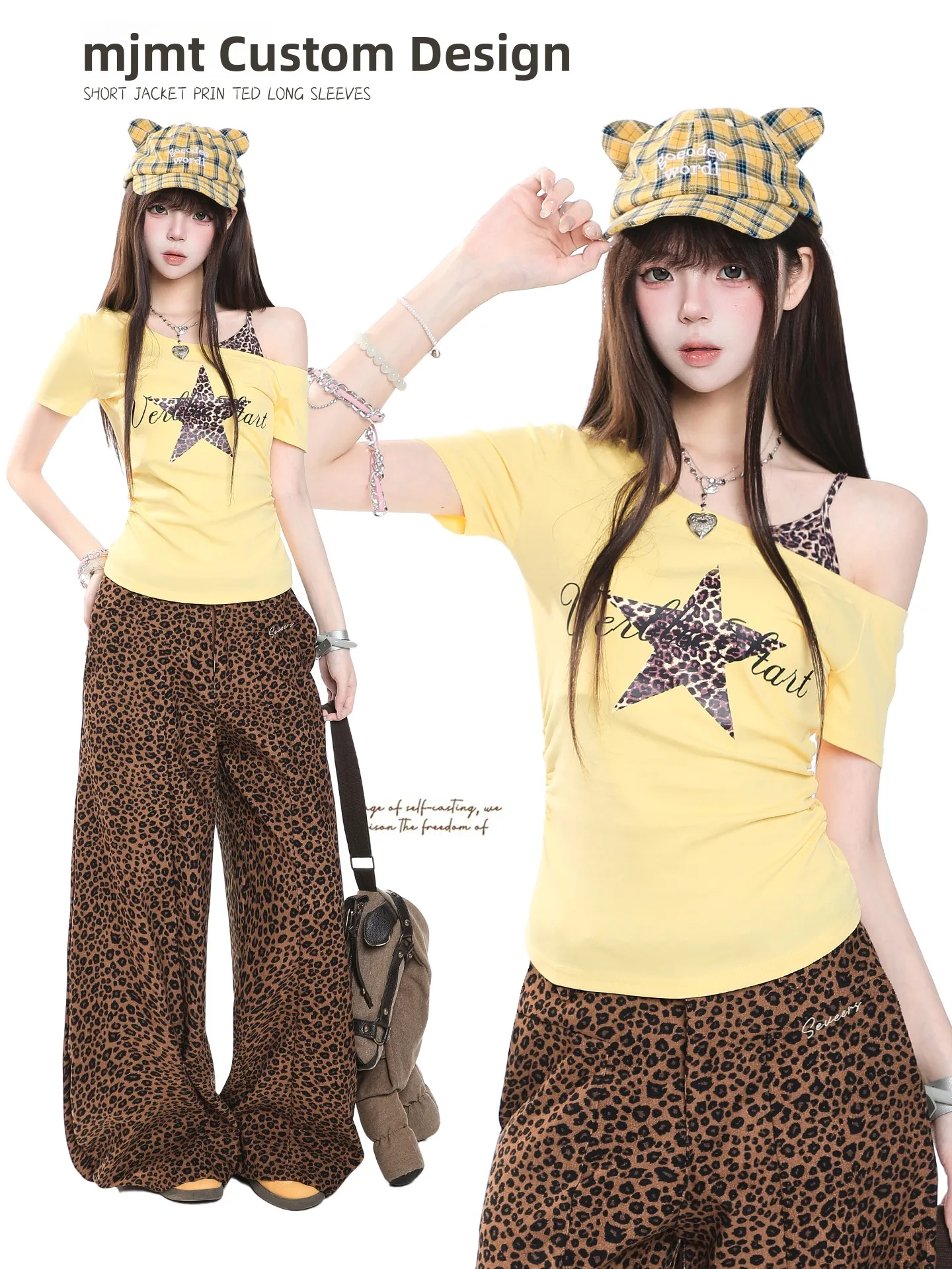 American Hot Girl Style Star Print Asymmetrical Shoulder Short Sleeve T-Shirt Women's Summer Slimming Short Length Top