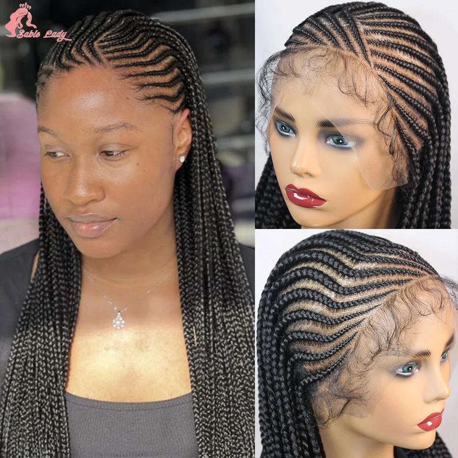 Goddess 36Inch Cornrow Braided Wigs Synthetic Full Lace Braids Wig Handmade Fulani Knotless Box Braided Lace Wig For Black Women