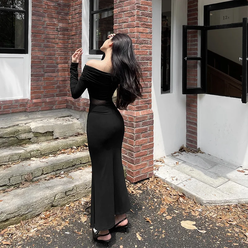 Gonna a sirena aderente nera trasparente con scollo a barchetta incrociata vintage Abiti maxi autunnali da donna delicati con giunture slim fit sexy
