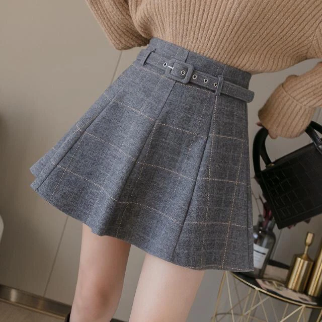 

Spring Autumn High Waist Hip Wrap Short Skirt A-line Skirt Half Skirt Women's Dress New Student Belt Lattice Gray