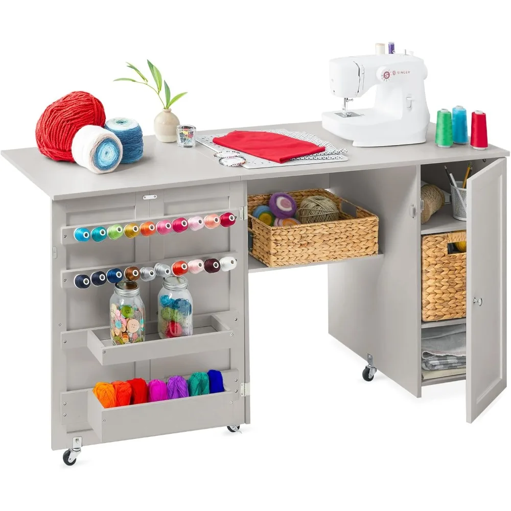 Large Folding Sewing Table, Multipurpose Portable Craft Station & Side Desk w/Compact Design, Caster Wheels, Storage Shelves