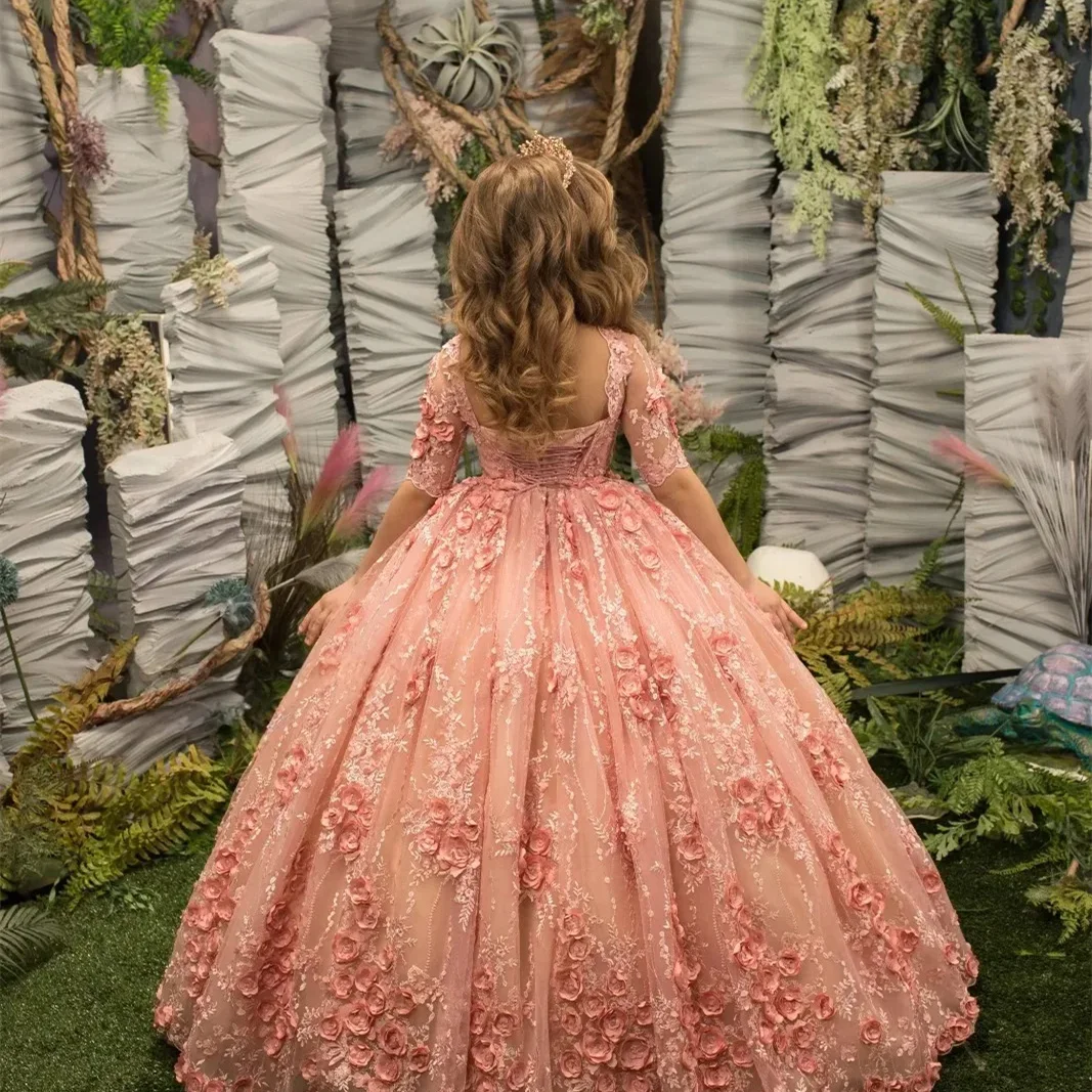 Customized Flower Girl Dress for Wedding Appliques High Waist Short Sleeve Floor Length Kids Birthday First Communion Gown