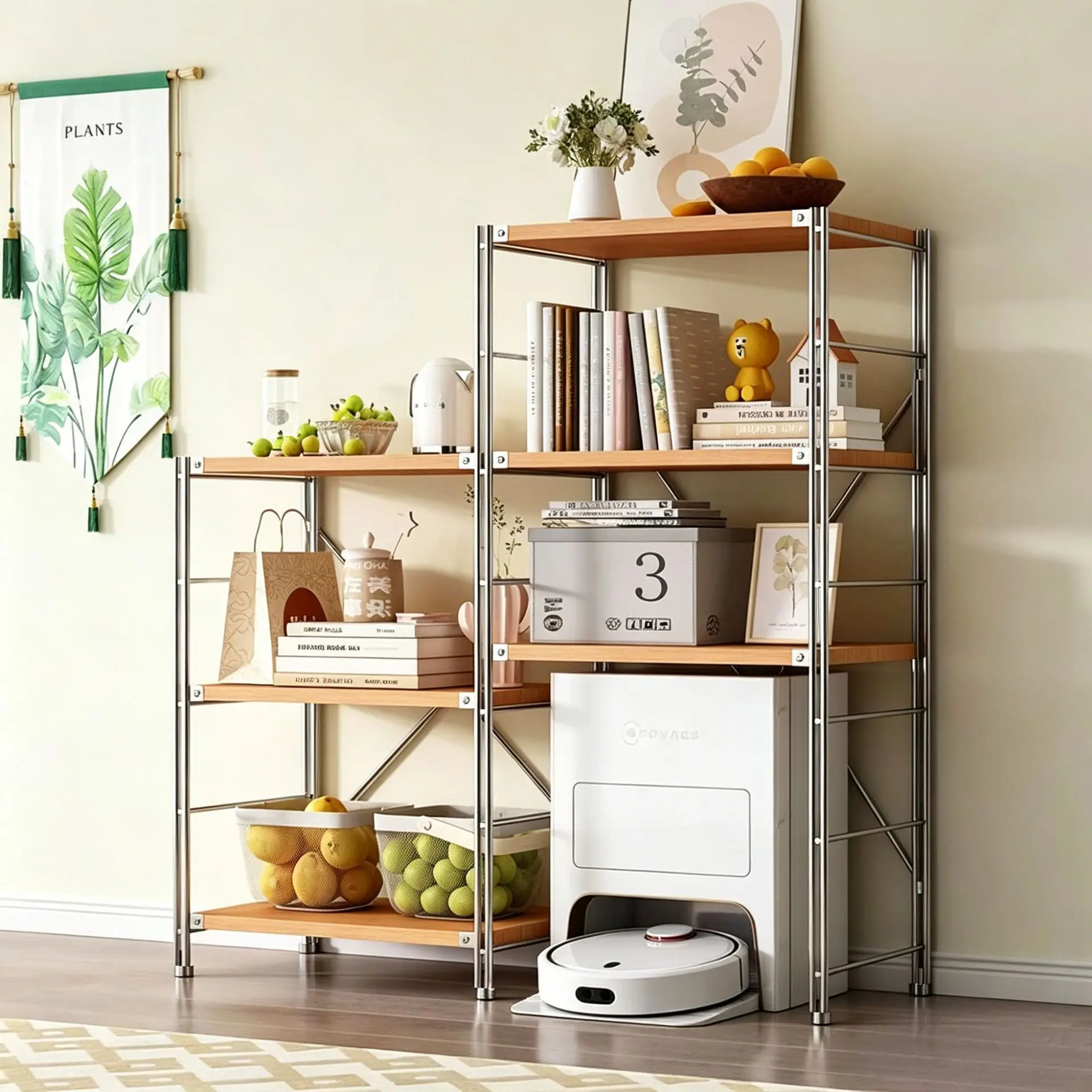 Japanese-style log wind rack display rack Floor-to-ceiling multi-layer storage rack Sweeping robot Empty high-footed shelf