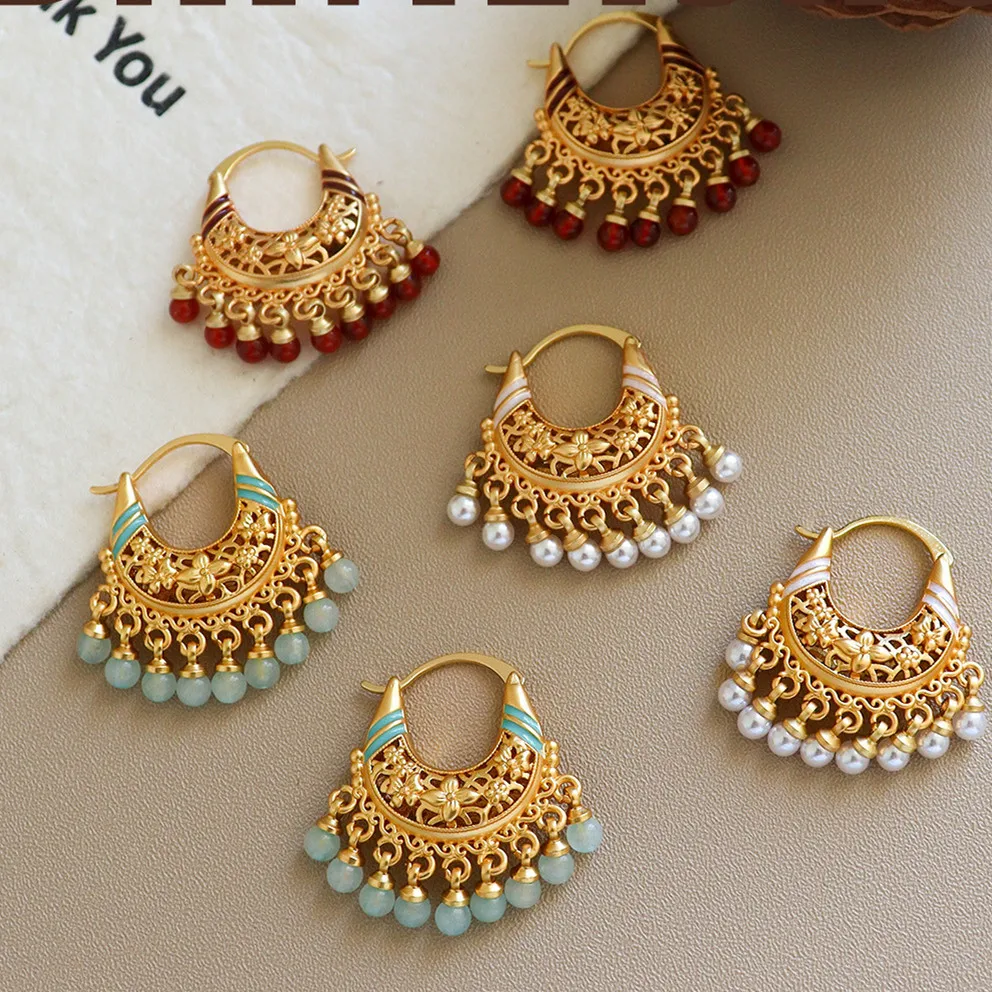 

Trendy Bohemia Fan Hoop Earrings For Women Gold Color Handmade Colorful Beads Charms Pendant Earrings Jewelry Girl Party Gifts
