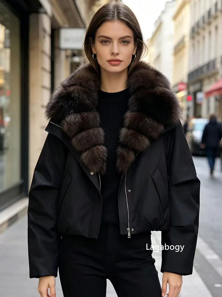 Lagabogy Women's Winter Down Jacket Real Fur Coat Huge Natural Fox Fur Duck Down Jacket Casual Female Feather Parka Puffer Coat