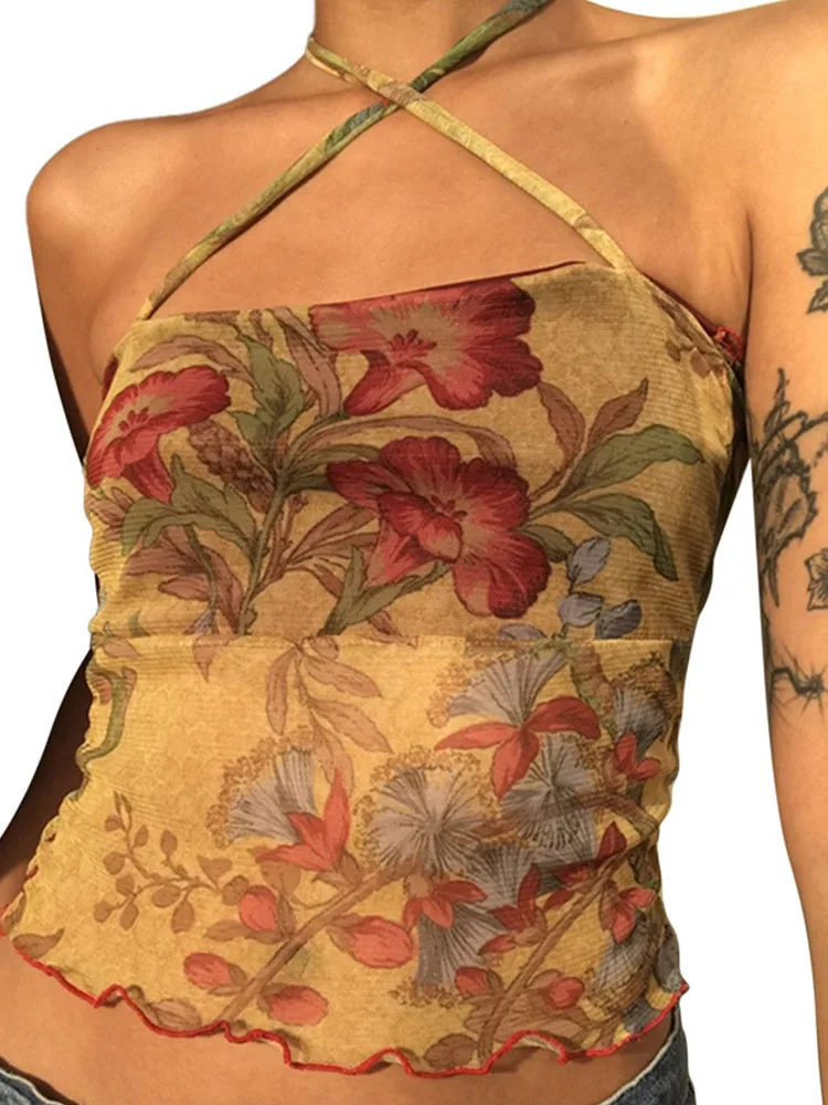 Y2K Mesh Sheer Floral T-shirt Vintage halter Tops Women Sleeveless Slim Fit Crop Top Streetwear