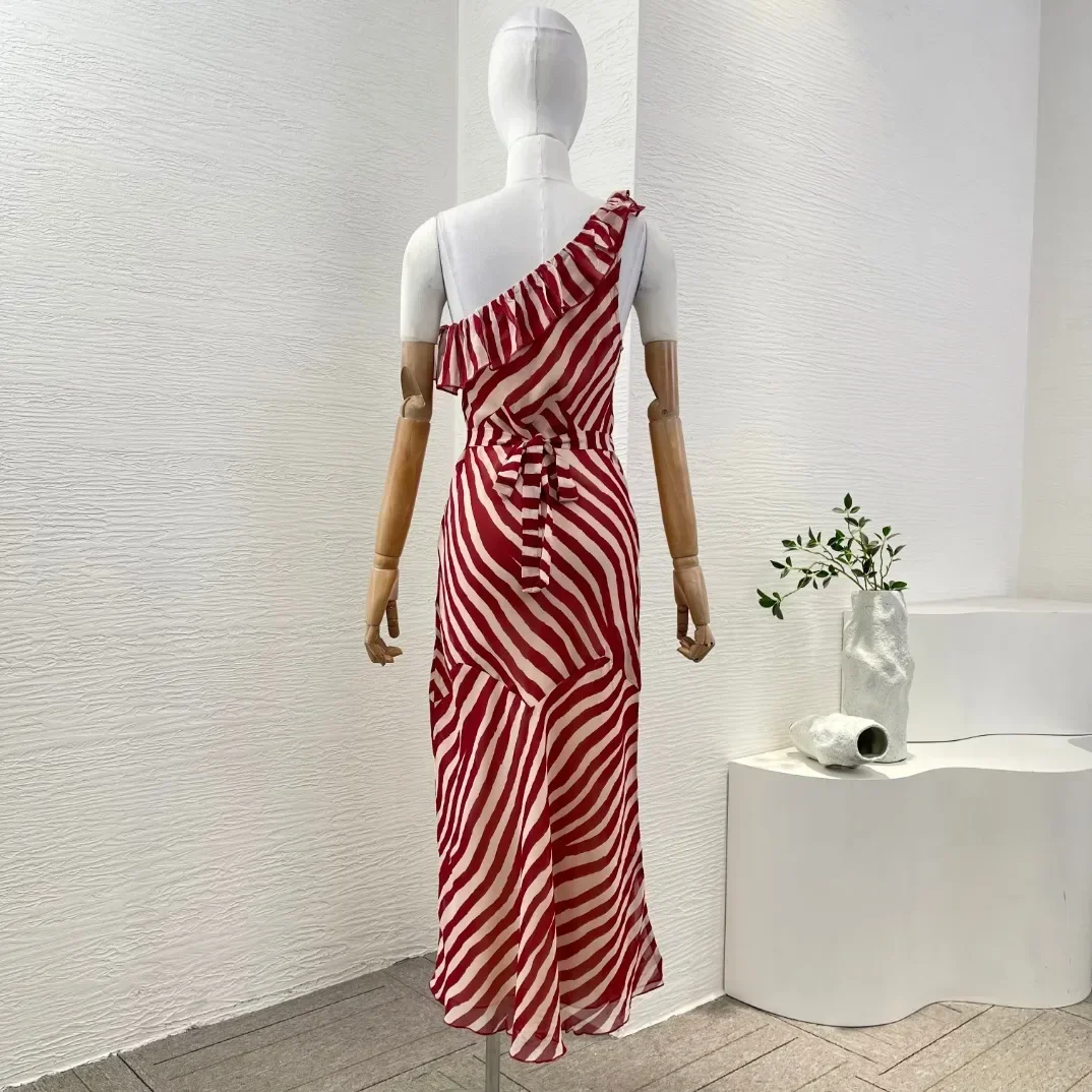 Lady's Elegant Red White Striped Silk Bias Cut Striped Off Shoulder Midi Dress