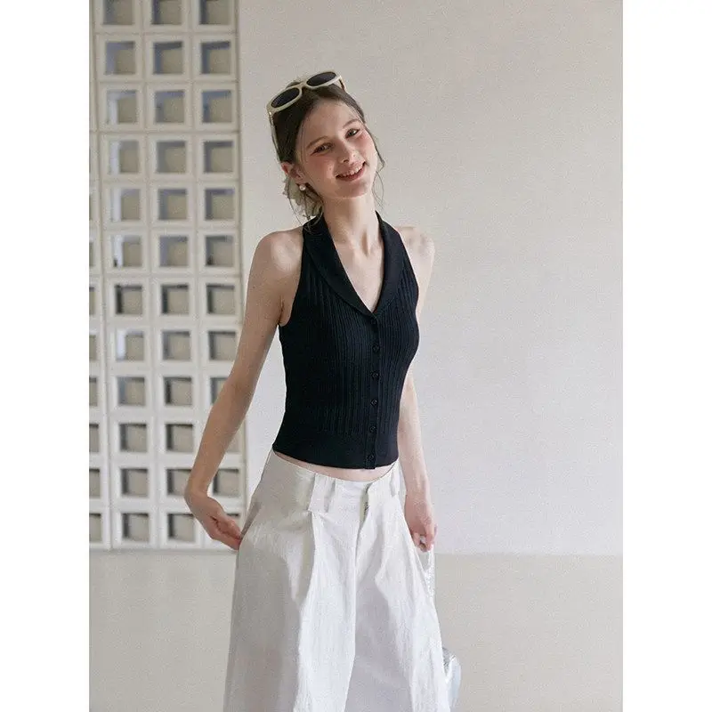 French White Knitted Hanging Neck Vest For Women'S Summer Design, Slim Fit Top For Outerwear