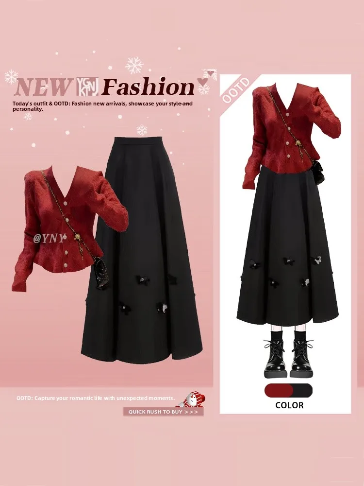 Retro Hong Kong Sle Strickjacke Bla High Waist Midirock Winter Faion Set V-Ne Long Sve Damen Ensemble