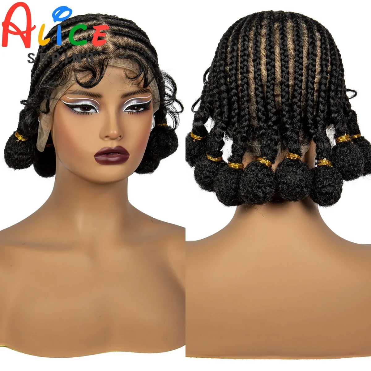 Peruca de tranças sintéticas naturais para mulheres, cabelo trançado, cabelo de bebê, perucas transparentes cheias do laço, peruca trançada bantu, 10"