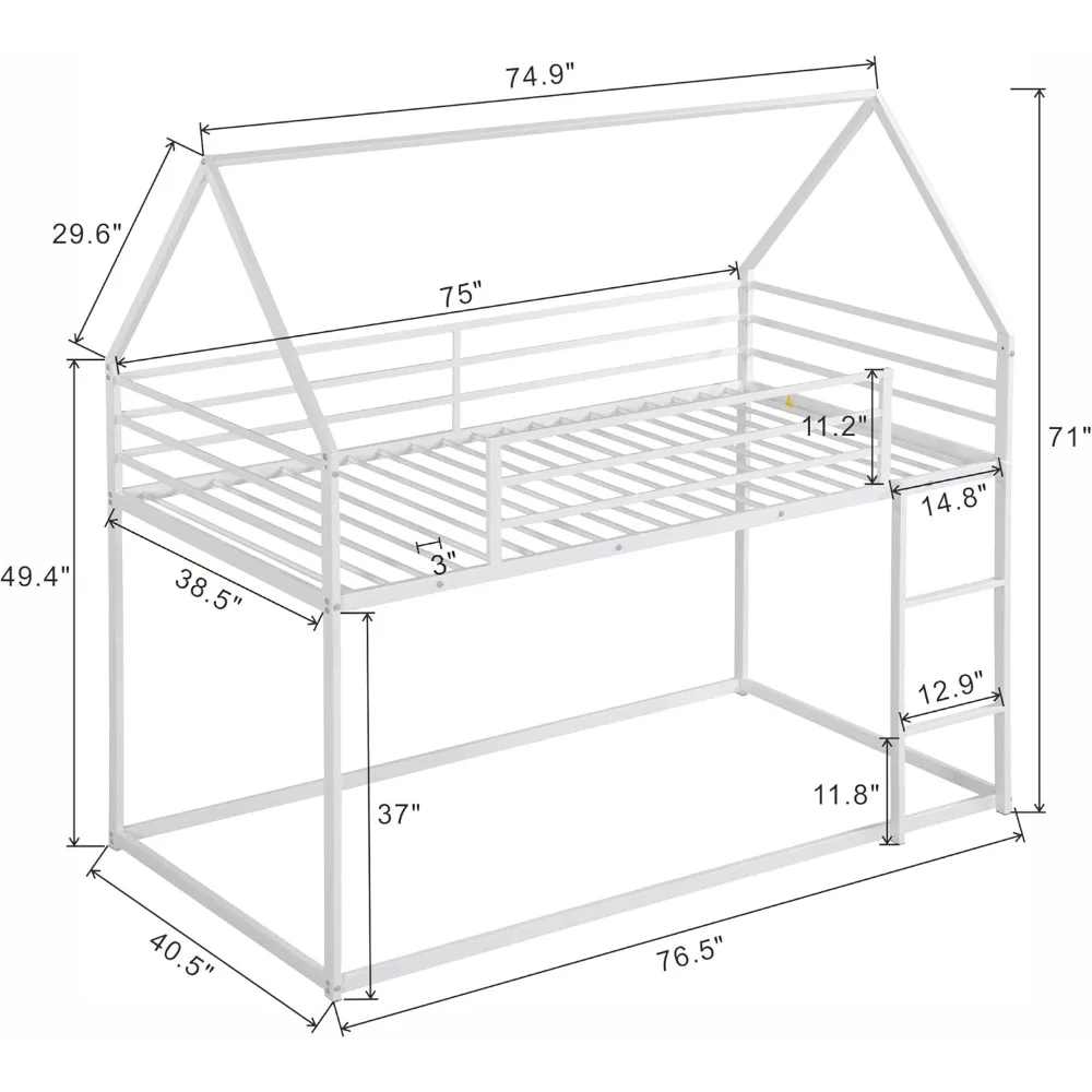 Bunk Bed Twin Over Twin Junior Metal Floor Bunk Bed with Ladder, House Shaped Bunk Bed Frame for Kids Boys Girls