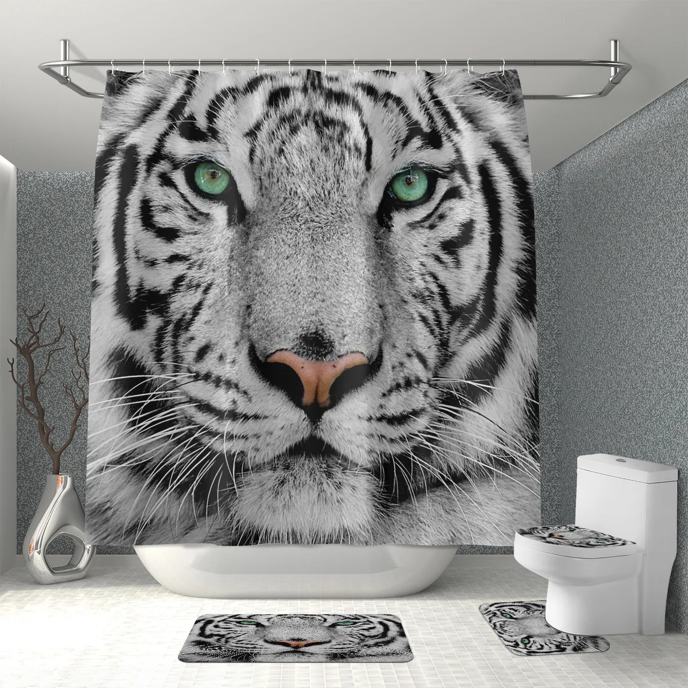 Tiger Lion Leopard Shower Curtain Animal Series Bath Curtain Waterproof Polyester Mat Toilet Cover Non-slip Strap Hooks