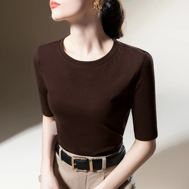 

Mid-sleeve T-shirt Women 2025 New Women's Solid Color Round Neck Half Sleeve Cotton T-shirt Fashion Simple Waist Blouse