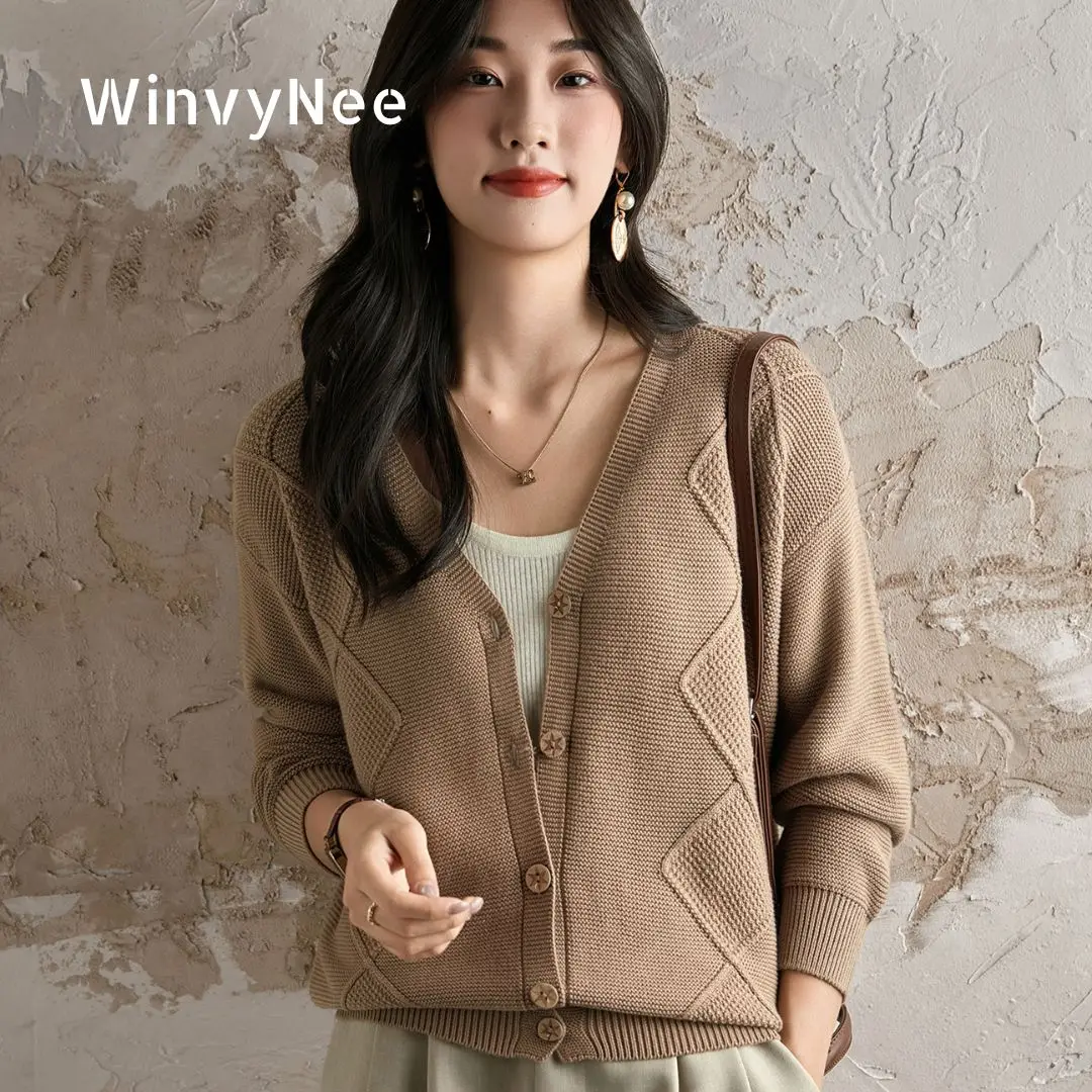 

Женский элегантный уютный кардиган WinvyNee из 100% хлопка, однотонный, с глубоким V-образным вырезом, ромбовидным узором, повседневный, теплый, с длинными рукавами, модный, B1092019