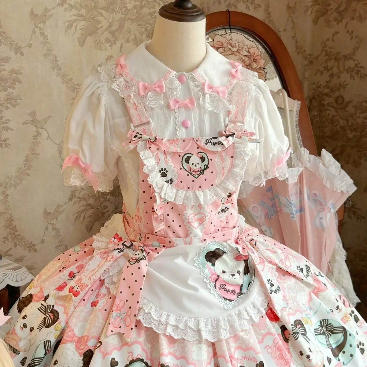 Original Design Cute Lolita Short Puff Sleeve OP Dress Women Vintage Kawaii Cartoon Print Apron Tea Party Princess Dress