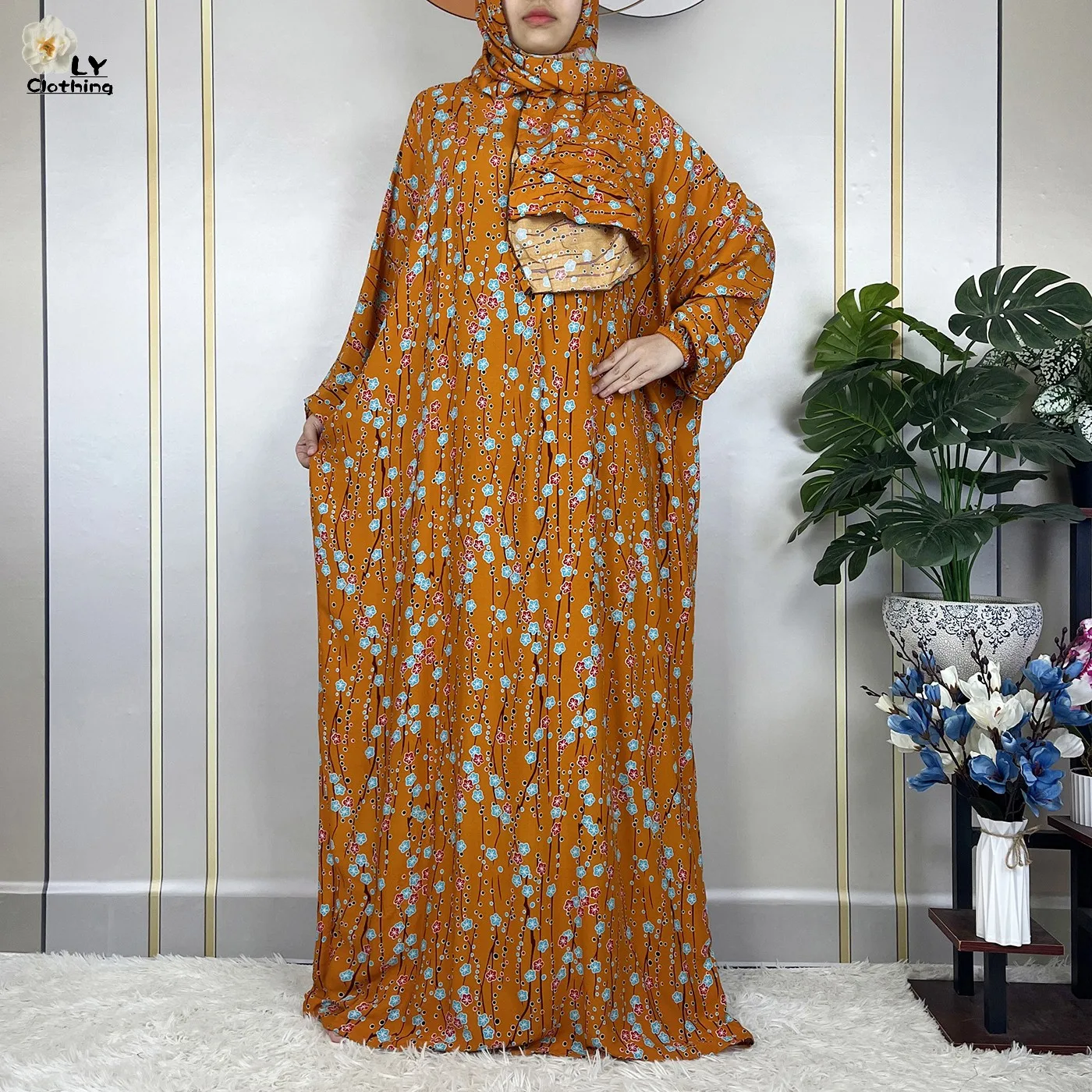 New African Abaya Long Sleeved Cotton Muslim For Women Ramadan Prayer Turkey Middle East Femme Robe Floral Loose Dress Headscarf