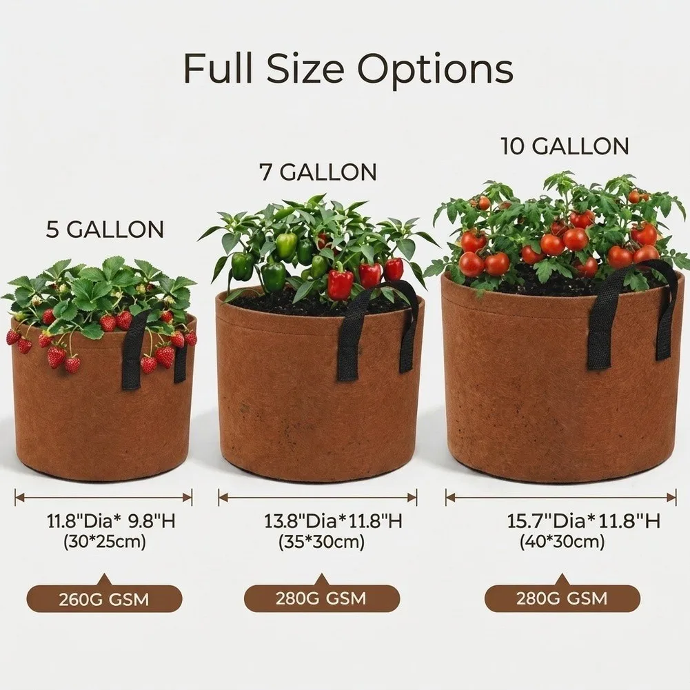 5 7 10 Gallon Grow Bags Made from 260 Nonwoven Fabric for Vegetables with Sturdy Handles for Patio Garden Farm and Home Use