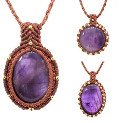 Crystal Braided Pendant Necklace for Women Natural Amethyst Black Agate Opal Stone Handmade Thread Wrapped Macrame Chain Jewelry
