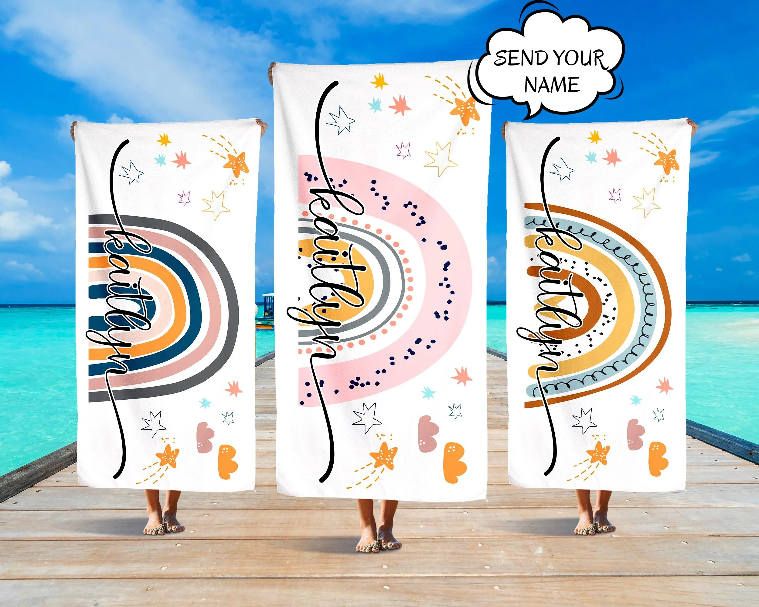 

Colorful Rainbow Beach Towels Custom Name Personalized Towel For Girls Seaside Holiday Vacation Gifts Quick-Drying Bath Towels