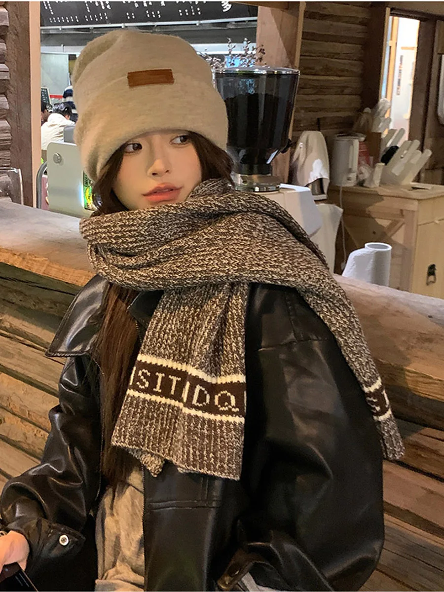 Fashion Vintage Letter Knit Acrylic Cashmere Scarf Winter Warm Long Shawl Versatile Women Men Neckerchief Lovers Gifts