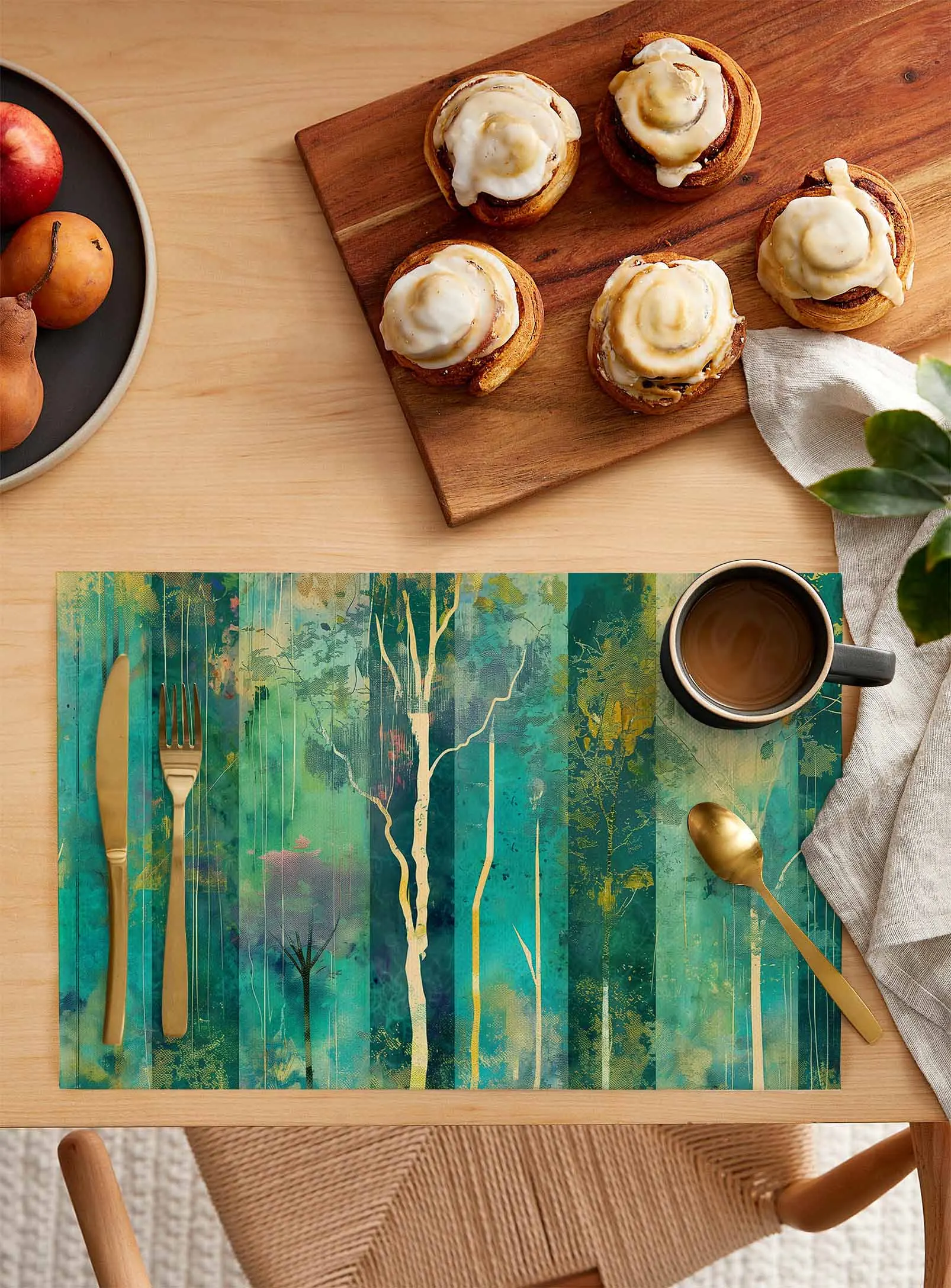 Oil Painting Abstract Tree Sunset Coffee Dish Mat Kitchen Placemat Dining Table Rug Dinnerware 4/6pcs Pads