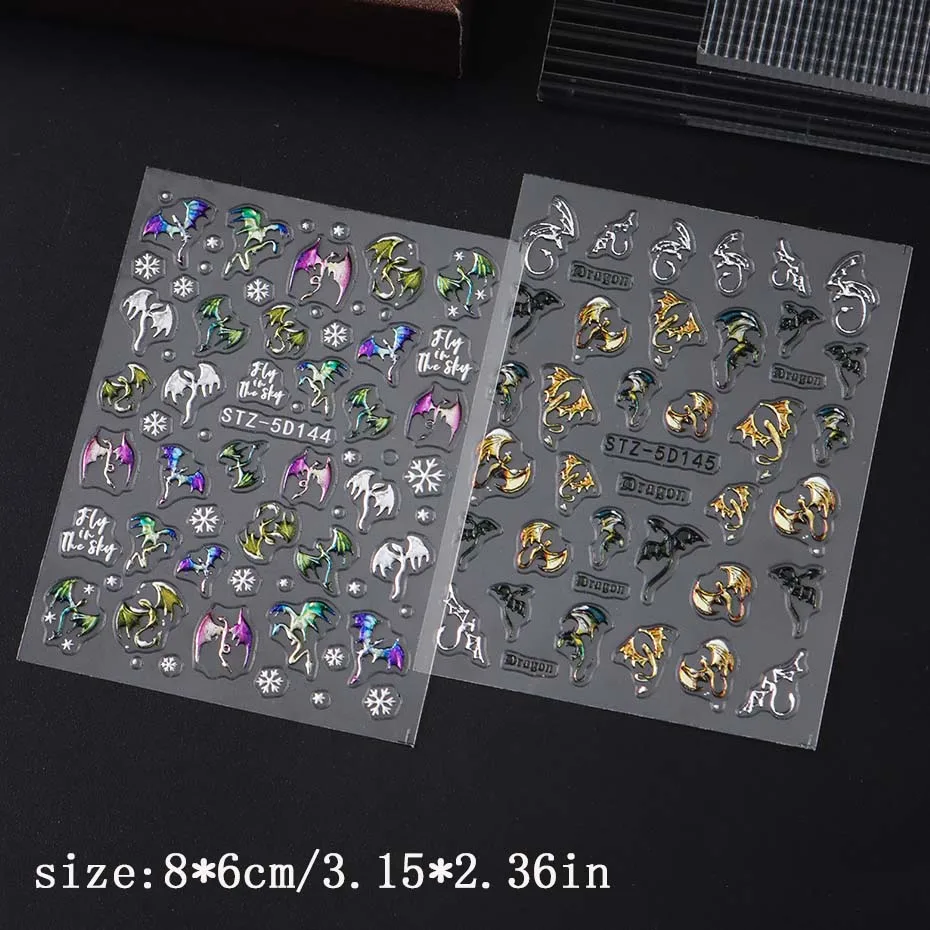 1/2 Stück 5D geprägte metallische bunte Drachen-Nagelaufkleber Schneeflocken selbstklebende DIY-Nagelaufkleber Sliders Maniküre-Dekorationen – Detail 9