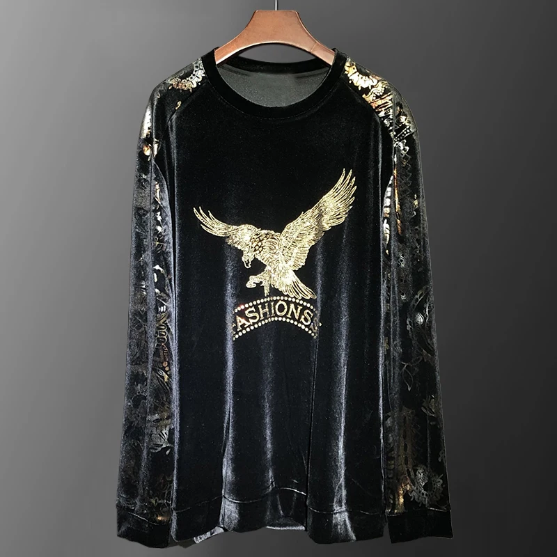 

2024Spring Gold Velvet Long Sleeved T-shirt Animal Eagle Luxury Fashion Men's Personality Flower Sleeves Hot Diamond Sweatshirt