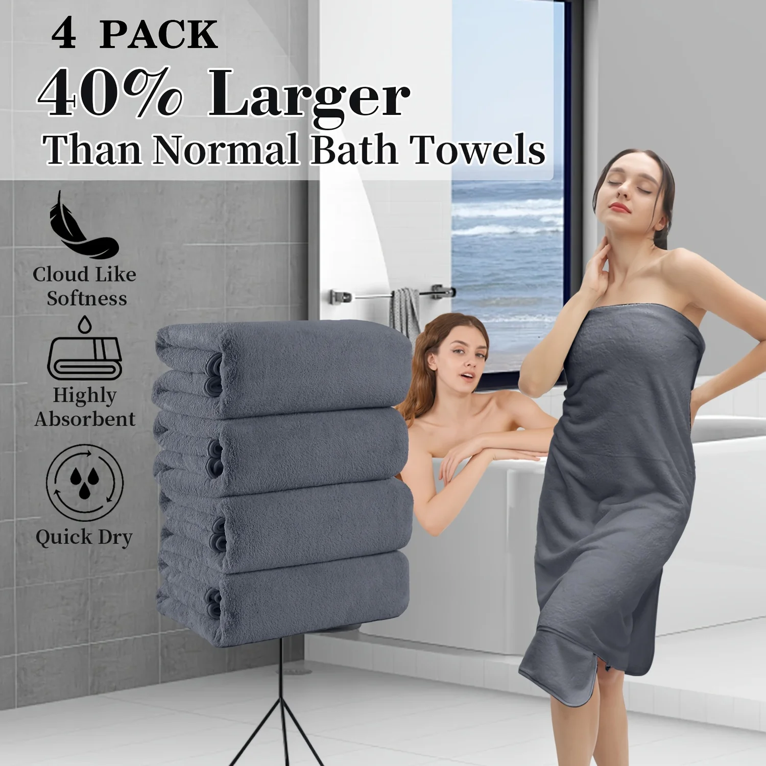 

Set of Four Extra- Bath Towels Measuring 35" X 70", Featuring a Premium Quality Ideal for Bathrooms. These Soft, Luxurious, And Lightweight Towels Are Highly Absorbent And Dry Quickly, Perfect for Everyday Use, with a Weight of 750GSM