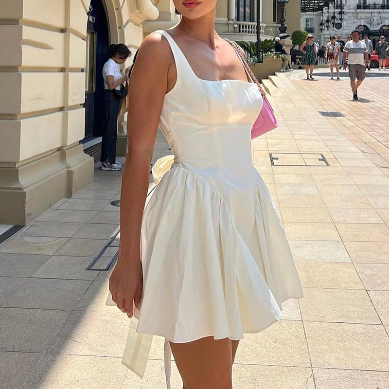 Sweet Casual Women Suspender Dress Lady Square Neck High Waist Pleated Short Dress Summer Bow Tie Up Backless Hollow Party Dress