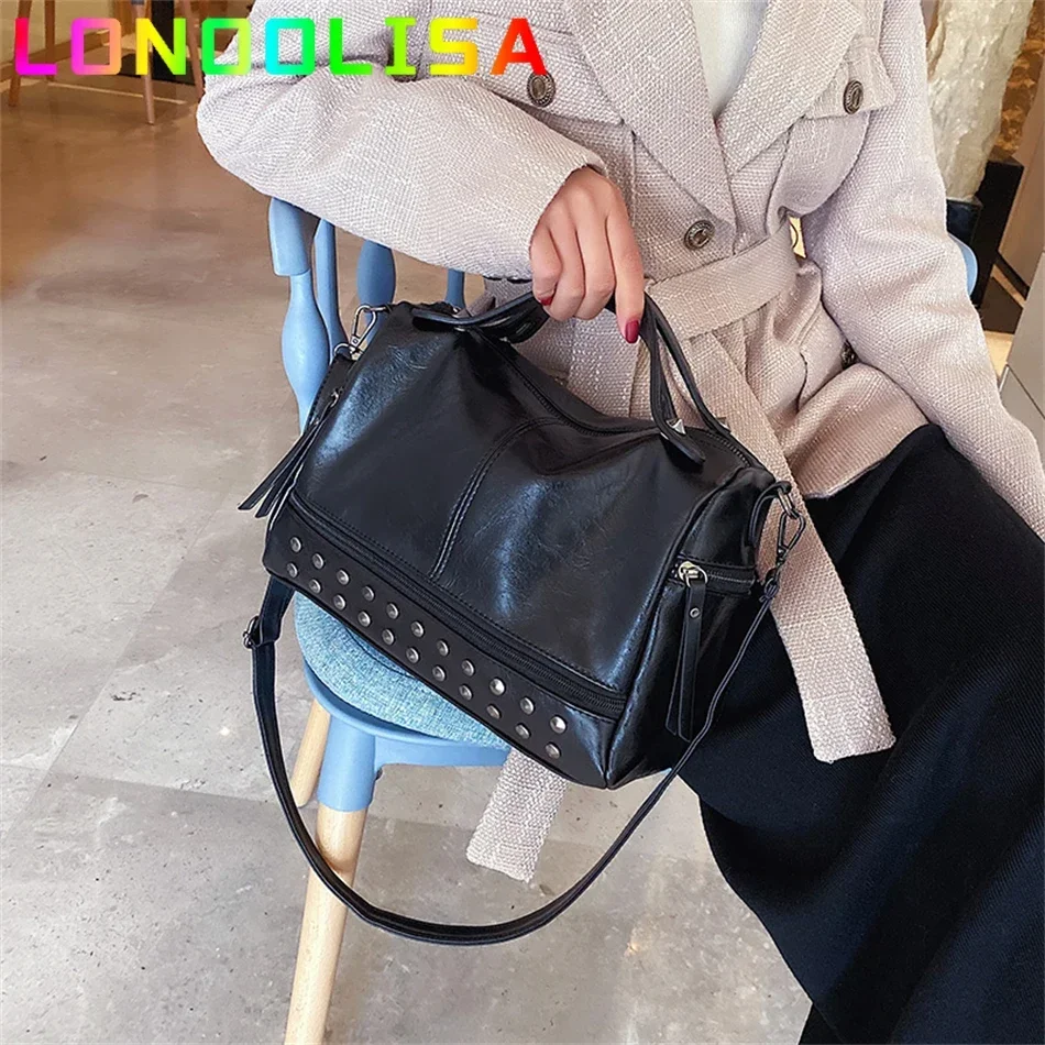 Vintage Female Rivet Shoulder Bag Luxury Handbag Soft PU Leather Crossbody Bag for Women Casual Boston Large Tote Bolsa Feminina