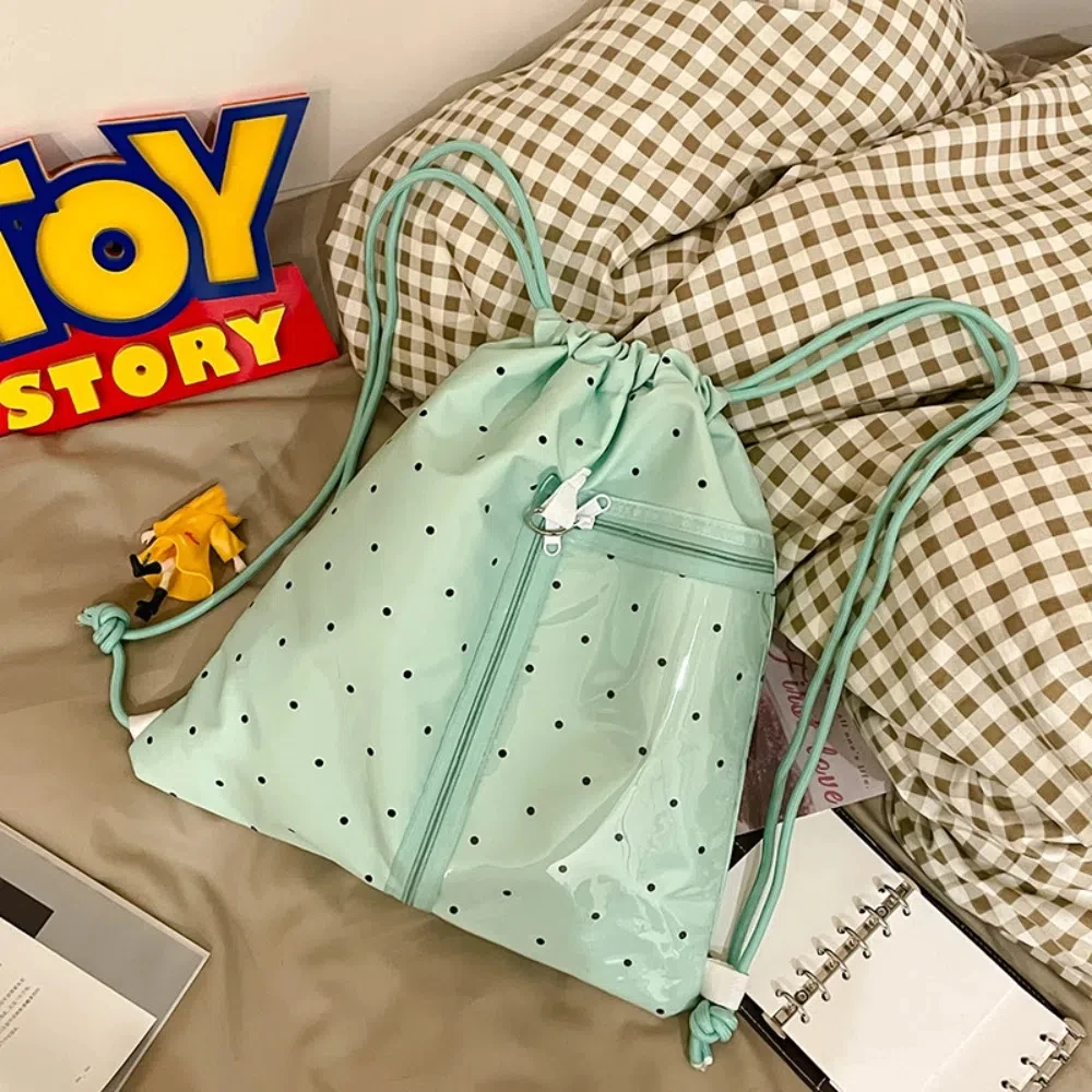 Mochila informal de nailon de estilo coreano con cordón, bolso ligero de nailon suave y dulce, mochila escolar para estudiantes con punto ondulado Harajuku para niñas